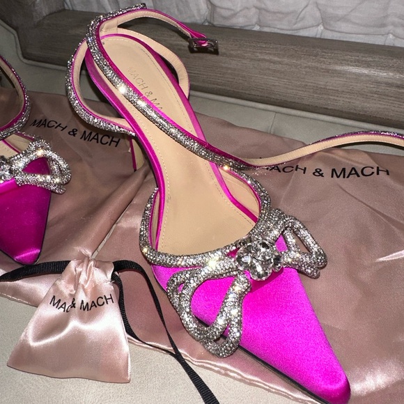 MACH & MACH Fuschia Strass Bow Double Ankle-Strap Pumps - Picture 6 of 13